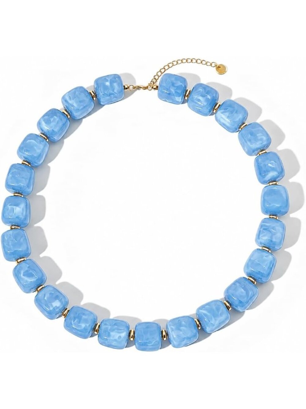 Women's Blue Chunky Beaded Necklace Gold Plated Marbled Resin Choker Jewelry